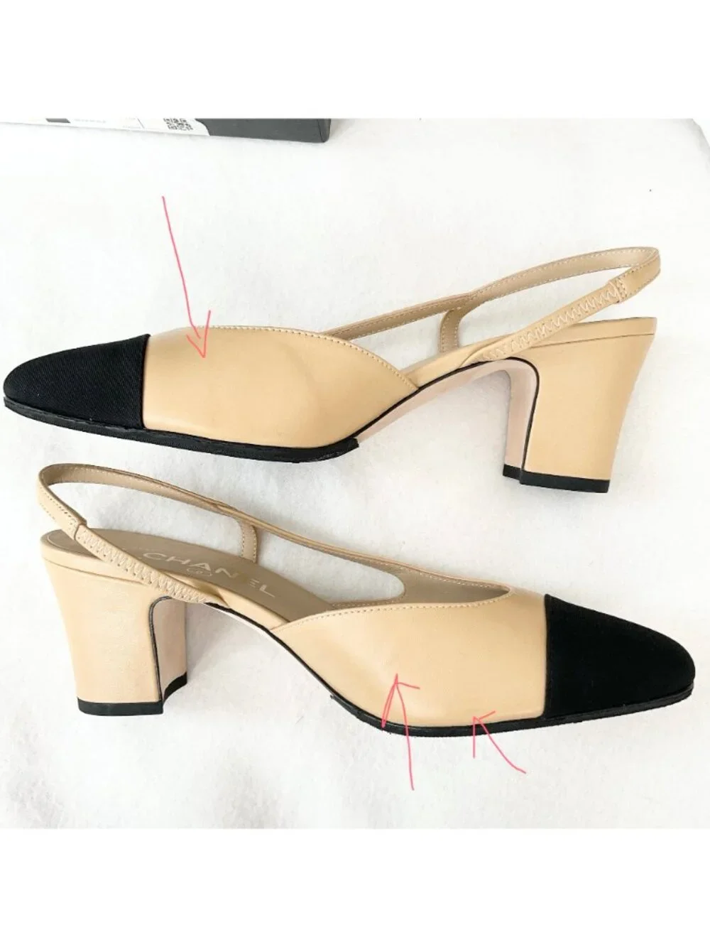 CHANEL Interlocking TWO tone beige Leather Slingback Pumps heels SZ37.5 US7